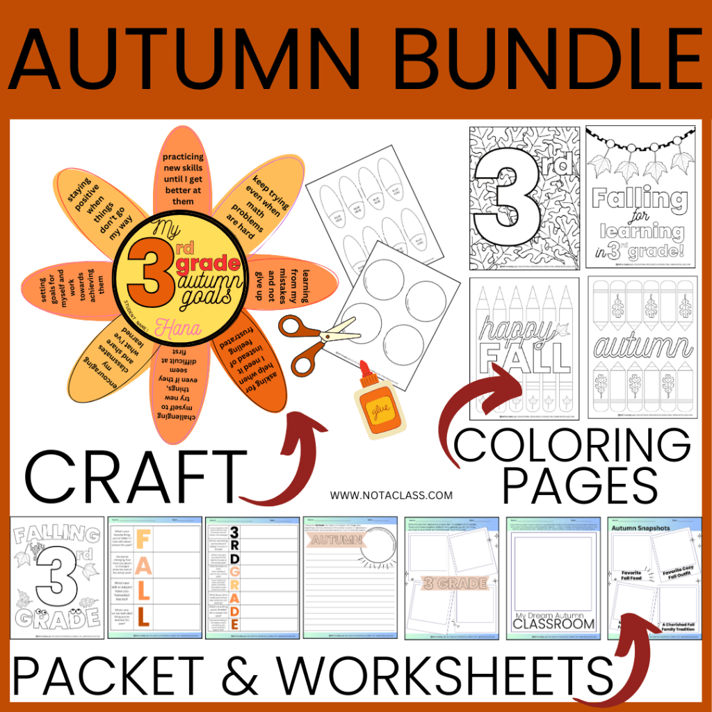 fall or autumn bundle with flower goal setting craft, fall coloring pages and fall activity packet and worksheets for 3rd grade