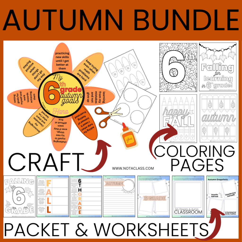fall or autumn bundle with flower goal setting craft, fall coloring pages and fall activity packet and worksheets for 6th grade