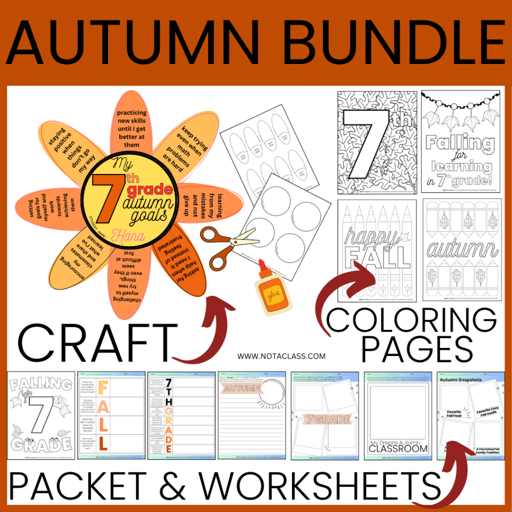 fall or autumn bundle with flower goal setting craft, fall coloring pages and fall activity packet and worksheets for 7th grade